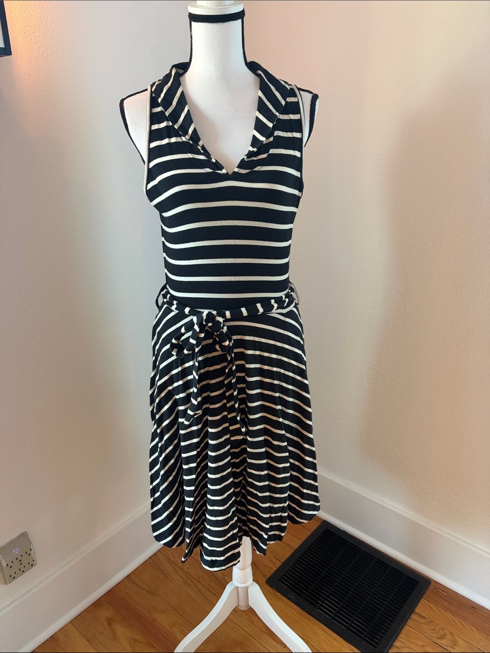 Effie's Heart Black and White Striped dress belted Medium with collar